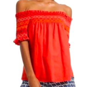 Trina Turk Flame Red Smocked Embroidered Top